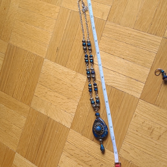 Handmade Steampunk Blue Imperial Jasper Teardrop Necklace and Earrings - Picture 9 of 12